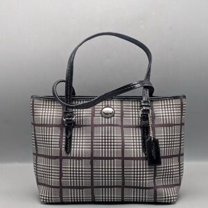 Coach Peyton Glen Plaid Coated Canvas Black Leather Mini Tote